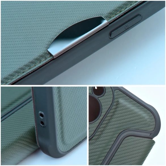 Apple iPhone 16e, Oldalra nyíló tok, légpárnás sarok, bőrhatású, karbon minta, Razor Book, zöld