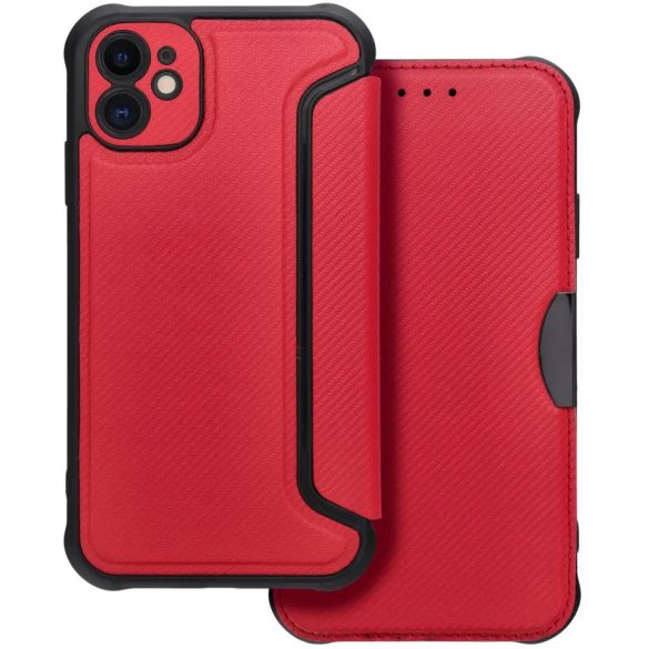 Apple iPhone 16e, Oldalra nyíló tok, légpárnás sarok, bőrhatású, karbon minta, Razor Book, piros