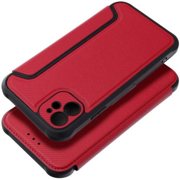 Apple iPhone 16e, Oldalra nyíló tok, légpárnás sarok, bőrhatású, karbon minta, Razor Book, piros