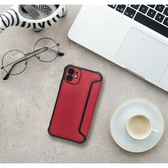 Apple iPhone 16e, Oldalra nyíló tok, légpárnás sarok, bőrhatású, karbon minta, Razor Book, piros