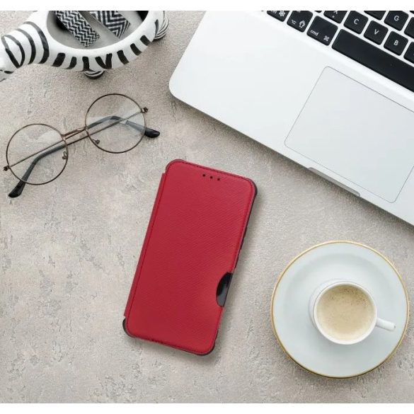 Apple iPhone 16e, Oldalra nyíló tok, légpárnás sarok, bőrhatású, karbon minta, Razor Book, piros