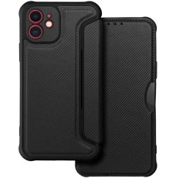   Samsung Galaxy A56 5G SM-A566B, Oldalra nyíló tok, légpárnás sarok, bőrhatású, karbon minta, Razor Book, fekete