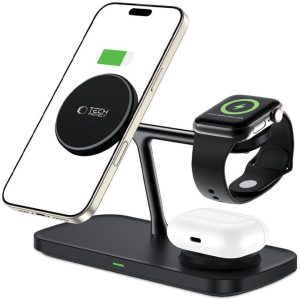 Univerzális vezeték nélküli töltő állomás 3in1, Qi Wireless, 15W, asztali tartó, mágneses, Magsafe kompatibilis eszközökhöz, Tech-Protect QI15W-A45, fekete