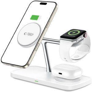 Univerzális vezeték nélküli töltő állomás 3in1, Qi Wireless, 15W, asztali tartó, mágneses, Magsafe kompatibilis eszközökhöz, Tech-Protect QI15W-A45, fehér