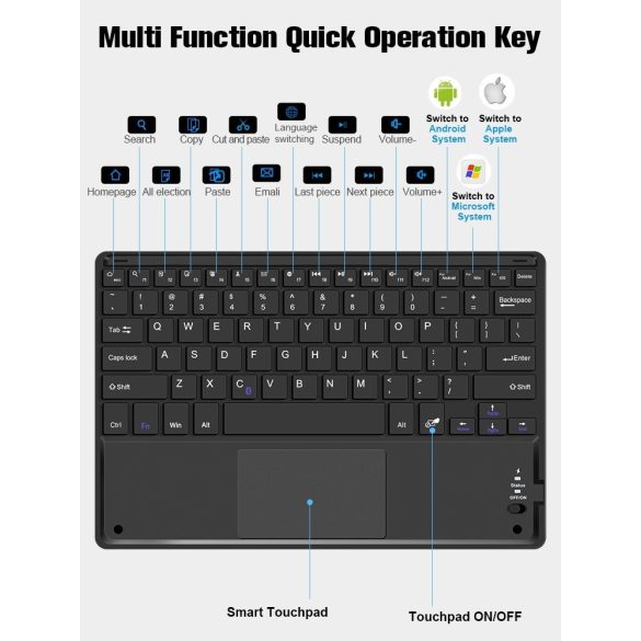Huawei MatePad Pro (12.2) (2024), Bluetooth billentyűzetes, mappa tok, Touch Pad, mágneses rögzítés, Wooze Simple Touch, fekete