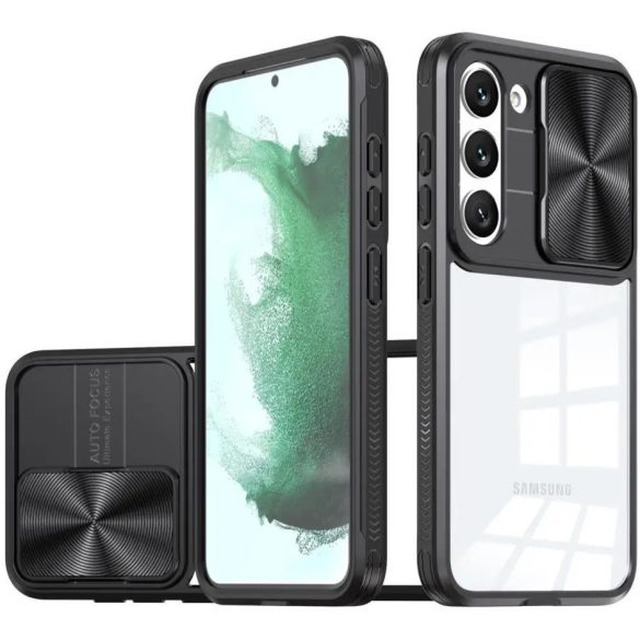 Samsung Galaxy S25 Edge SM-S937, Műanyag hátlap + szilikon keret, átlátszó akril hátlap, kamera védelem, Wooze Trendy, fekete