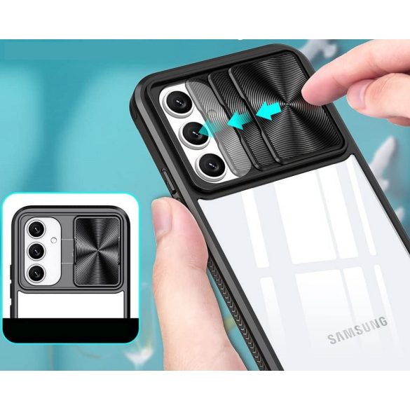 Samsung Galaxy S25 Edge SM-S937, Műanyag hátlap + szilikon keret, átlátszó akril hátlap, kamera védelem, Wooze Trendy, fekete