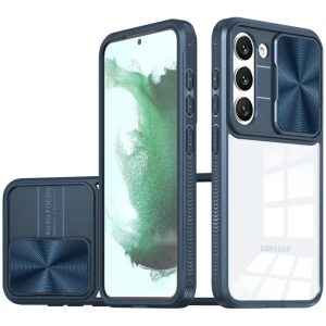 Samsung Galaxy S25 Edge SM-S937, Műanyag hátlap + szilikon keret, átlátszó akril hátlap, kamera védelem, Wooze Trendy, sötétkék