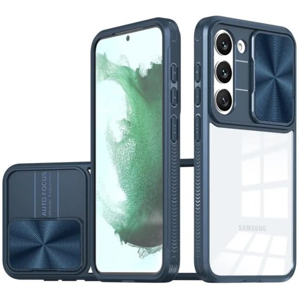 Samsung Galaxy S25 Edge SM-S937, Műanyag hátlap + szilikon keret, átlátszó akril hátlap, kamera védelem, Wooze Trendy, sötétkék