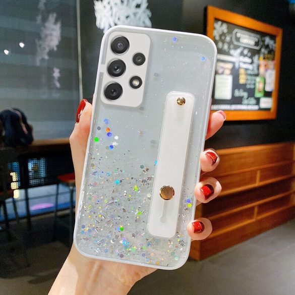 Samsung Galaxy S25 Edge SM-S937, Szilikon tok, közepesen ütésálló, kézpánttal, színátmenetes, csillogó minta, Wooze Strap Star, mintás/fehér