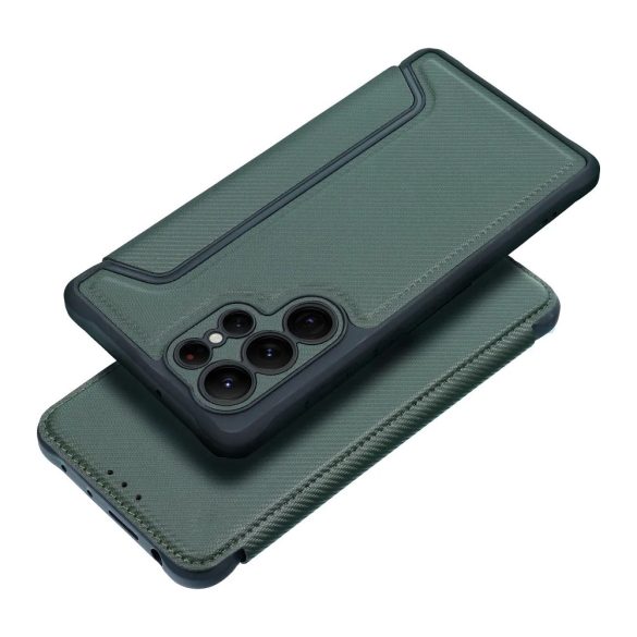 Samsung Galaxy S23 FE SM-S711, Oldalra nyíló tok, légpárnás sarok, bőrhatású, karbon minta, Razor Book, zöld