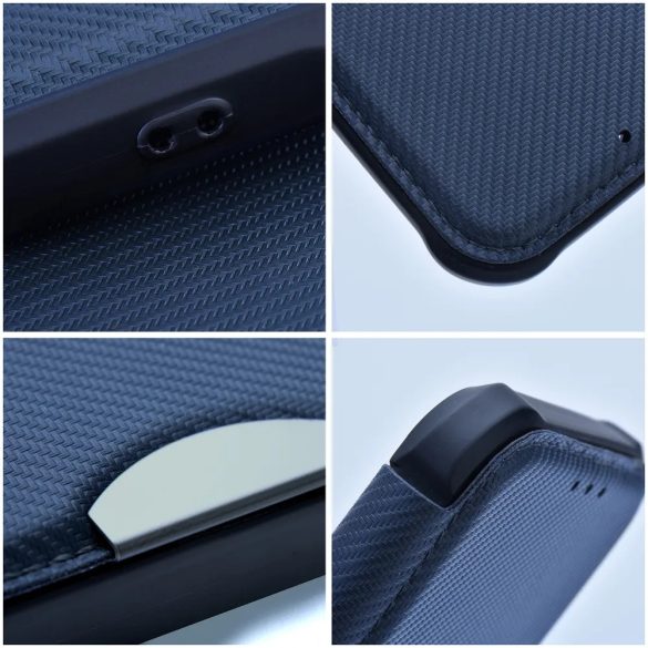 Samsung Galaxy S23 FE SM-S711, Oldalra nyíló tok, légpárnás sarok, bőrhatású, karbon minta, Razor Book, kék