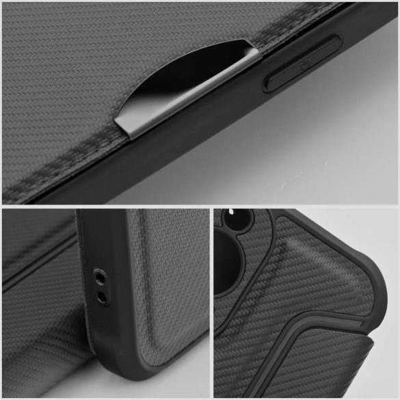 Samsung Galaxy S25 Edge SM-S937, Oldalra nyíló tok, légpárnás sarok, bőrhatású, karbon minta, Razor Book, fekete