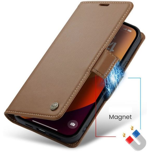 Xiaomi Redmi K70 / K70 Pro / Poco F6 Pro, Oldalra nyíló tok, stand, kártyatartóval, RFID technológiával, Wooze CaseME, barna