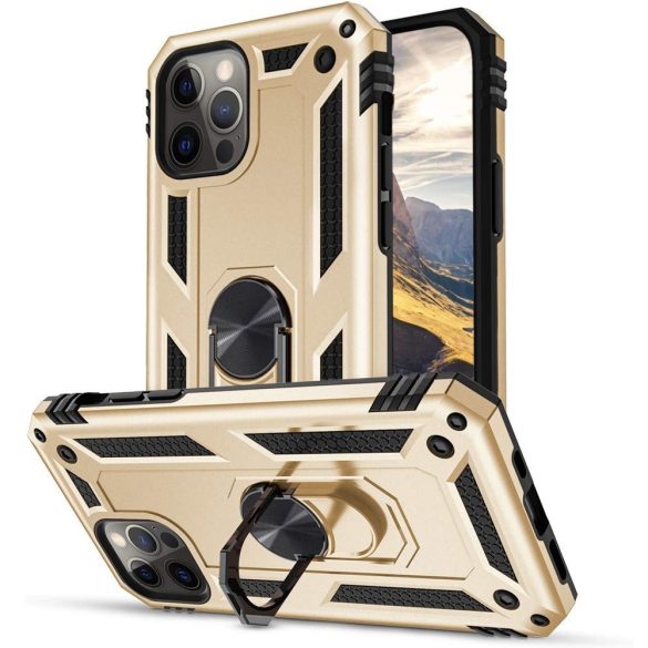 Huawei Honor 400 Lite, Műanyag hátlap védőtok, közepesen ütésálló, szilikon belső, telefontartó gyűrű, Defender, arany
