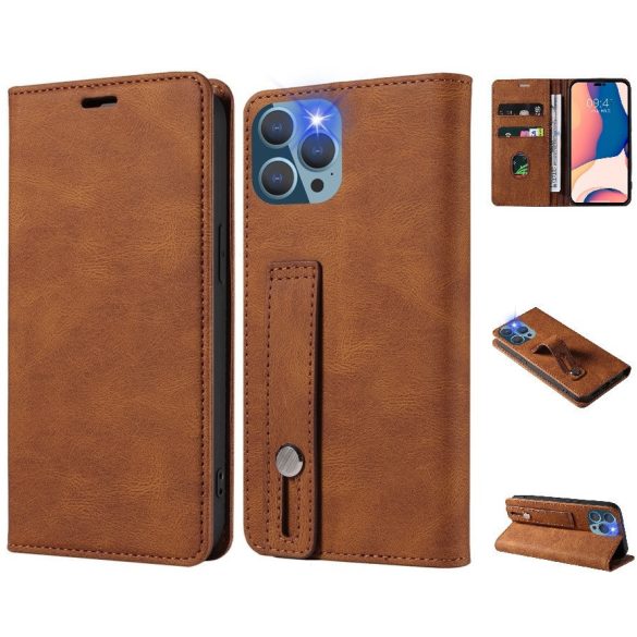 Huawei Honor 400 Lite, Oldalra nyíló tok, stand, kártyatartóval, kézpánttal, Wooze Business Plus, barna