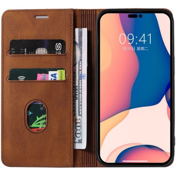 Huawei Honor 400 Lite, Oldalra nyíló tok, stand, kártyatartóval, kézpánttal, Wooze Business Plus, barna