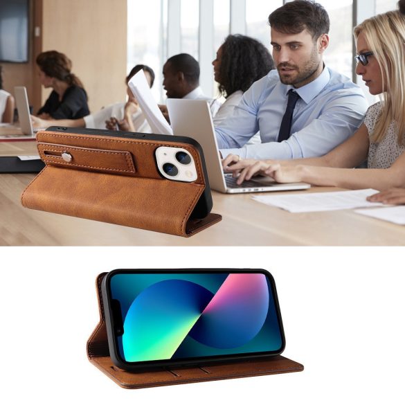 Huawei Honor 400 Lite, Oldalra nyíló tok, stand, kártyatartóval, kézpánttal, Wooze Business Plus, barna