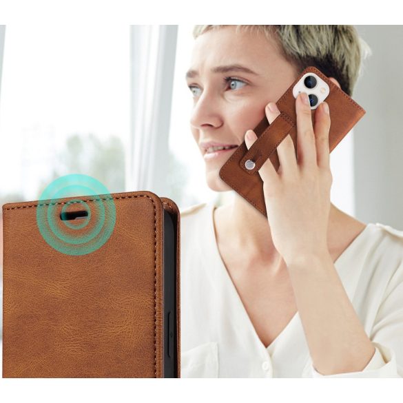 Huawei Honor 400 Lite, Oldalra nyíló tok, stand, kártyatartóval, kézpánttal, Wooze Business Plus, barna