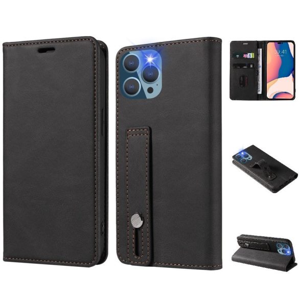 Huawei Honor 400 Lite, Oldalra nyíló tok, stand, kártyatartóval, kézpánttal, Wooze Business Plus, fekete