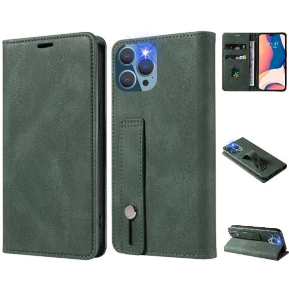 Huawei Honor 400 Lite, Oldalra nyíló tok, stand, kártyatartóval, kézpánttal, Wooze Business Plus, sötétzöld