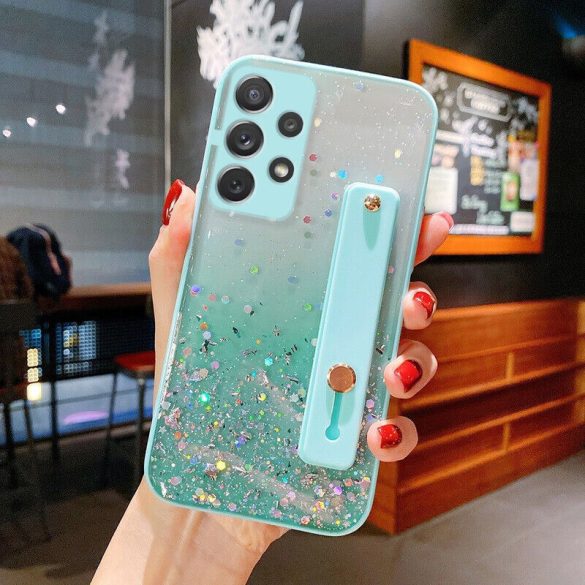 Huawei Honor 400 Lite, Szilikon tok, közepesen ütésálló, kézpánttal, színátmenetes, csillogó minta, Wooze Strap Star, mintás/menta