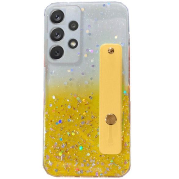 Huawei Honor 400 Lite, Szilikon tok, közepesen ütésálló, kézpánttal, színátmenetes, csillogó minta, Wooze Strap Star, mintás/sárga