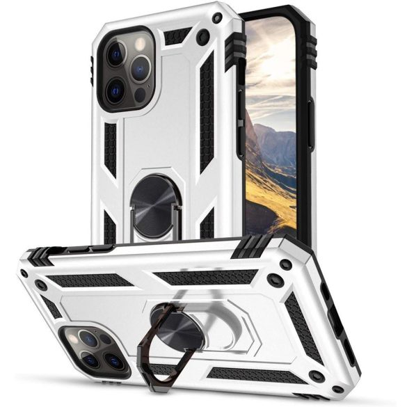 Huawei Honor 400 Pro (Global), Műanyag hátlap védőtok, közepesen ütésálló, szilikon belső, telefontartó gyűrű, Defender, ezüst