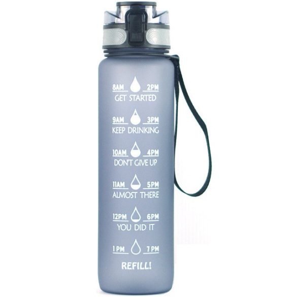 Prémium motivációs sport kulacs, idősáv, motivációs szöveg, kézpánttal, 1000 ml, Wooze You Did It, szürke