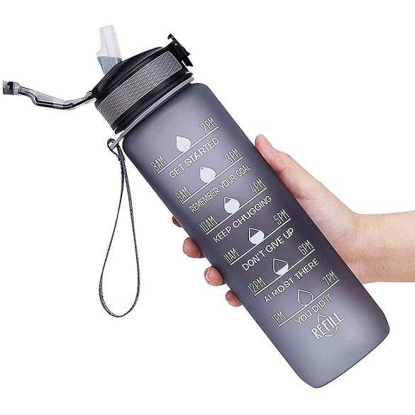 Prémium motivációs sport kulacs, idősáv, motivációs szöveg, kézpánttal, 1000 ml, Wooze You Did It, szürke