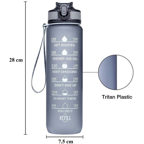 Prémium motivációs sport kulacs, idősáv, motivációs szöveg, kézpánttal, 1000 ml, Wooze You Did It, szürke