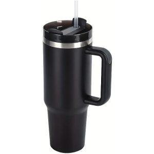 Prémium fémfalú utazó termosz + pohár, 1200 ml, hőtartó, szívószállal, fogantyúval, Tumbler, fekete