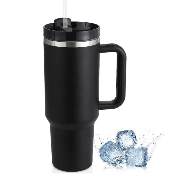 Prémium fémfalú utazó termosz + pohár, 1200 ml, hőtartó, szívószállal, fogantyúval, Tumbler, fekete
