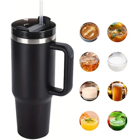 Prémium fémfalú utazó termosz + pohár, 1200 ml, hőtartó, szívószállal, fogantyúval, Tumbler, fekete