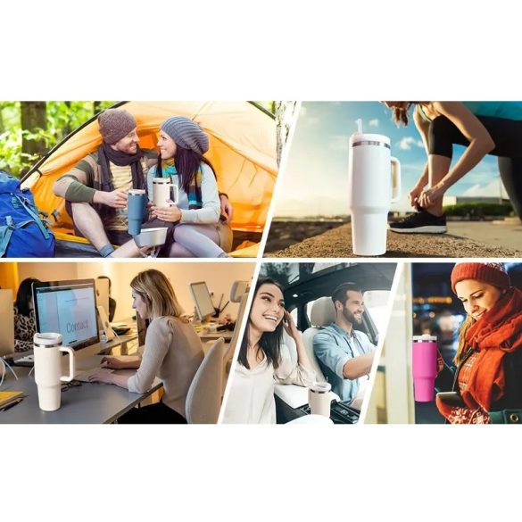 Prémium fémfalú utazó termosz + pohár, 1200 ml, hőtartó, szívószállal, fogantyúval, Tumbler, fekete