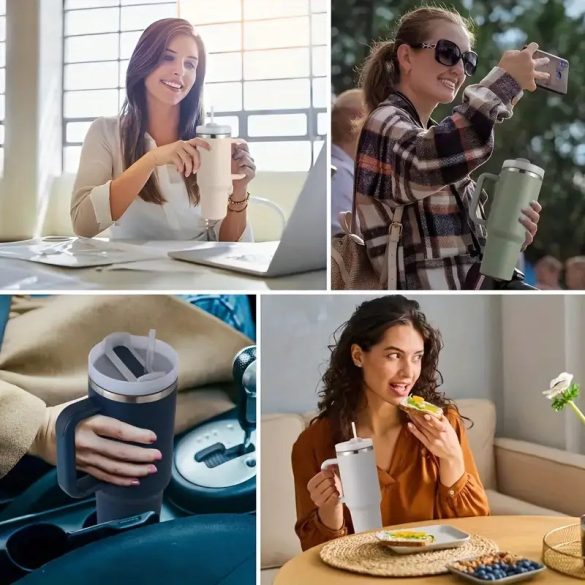 Prémium fémfalú utazó termosz + pohár, 1200 ml, hőtartó, szívószállal, fogantyúval, Tumbler, fekete