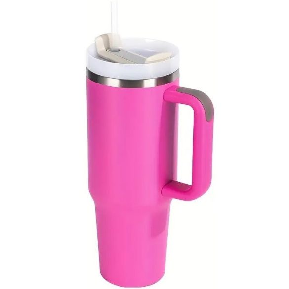 Prémium fémfalú utazó termosz + pohár, 1200 ml, hőtartó, szívószállal, fogantyúval, Tumbler, magenta