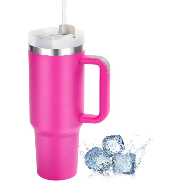 Prémium fémfalú utazó termosz + pohár, 1200 ml, hőtartó, szívószállal, fogantyúval, Tumbler, magenta