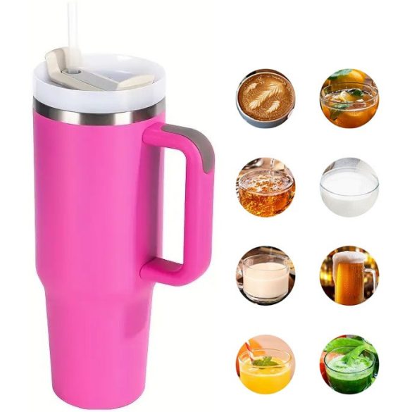 Prémium fémfalú utazó termosz + pohár, 1200 ml, hőtartó, szívószállal, fogantyúval, Tumbler, magenta