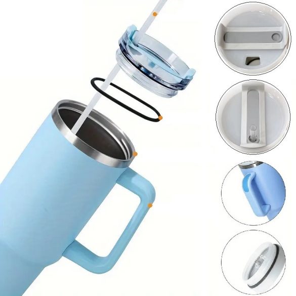 Prémium fémfalú utazó termosz + pohár, 1200 ml, hőtartó, szívószállal, fogantyúval, Tumbler, magenta