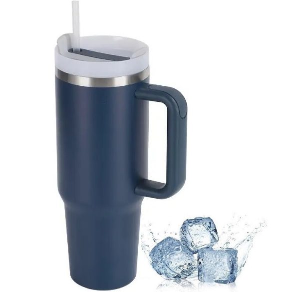 Prémium fémfalú utazó termosz + pohár, 1200 ml, hőtartó, szívószállal, fogantyúval, Tumbler, sötétkék
