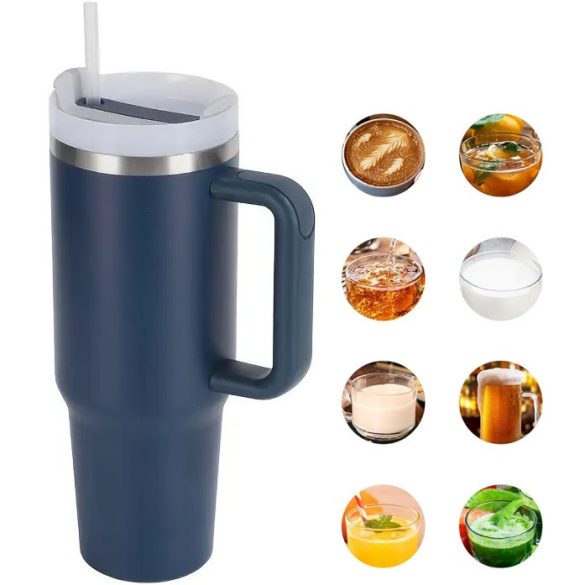 Prémium fémfalú utazó termosz + pohár, 1200 ml, hőtartó, szívószállal, fogantyúval, Tumbler, sötétkék