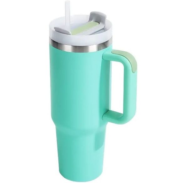 Prémium fémfalú utazó termosz + pohár, 1200 ml, hőtartó, szívószállal, fogantyúval, Tumbler, cyan