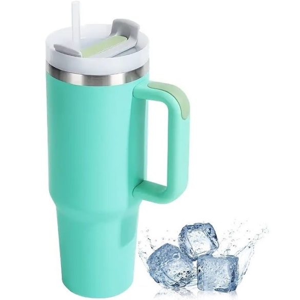 Prémium fémfalú utazó termosz + pohár, 1200 ml, hőtartó, szívószállal, fogantyúval, Tumbler, cyan
