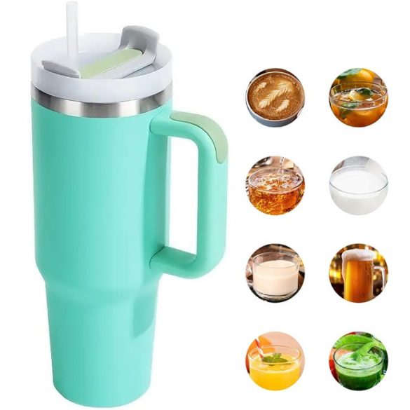 Prémium fémfalú utazó termosz + pohár, 1200 ml, hőtartó, szívószállal, fogantyúval, Tumbler, cyan