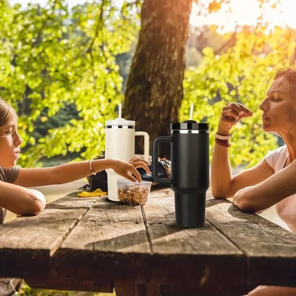 Prémium fémfalú utazó termosz + pohár, 1200 ml, hőtartó, szívószállal, fogantyúval, Tumbler, cyan
