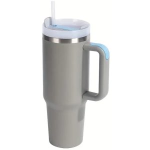 Prémium fémfalú utazó termosz + pohár, 1200 ml, hőtartó, szívószállal, fogantyúval, Tumbler, szürke