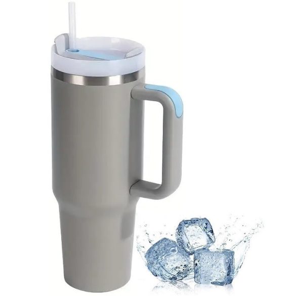 Prémium fémfalú utazó termosz + pohár, 1200 ml, hőtartó, szívószállal, fogantyúval, Tumbler, szürke