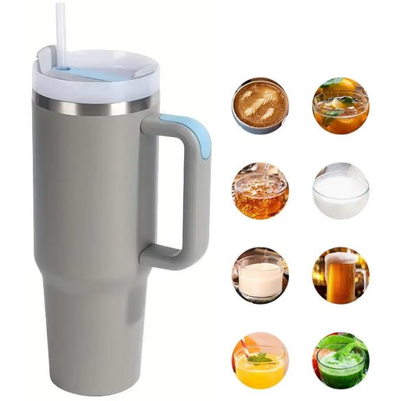Prémium fémfalú utazó termosz + pohár, 1200 ml, hőtartó, szívószállal, fogantyúval, Tumbler, szürke