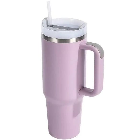 Prémium fémfalú utazó termosz + pohár, 1200 ml, hőtartó, szívószállal, fogantyúval, Tumbler, lila